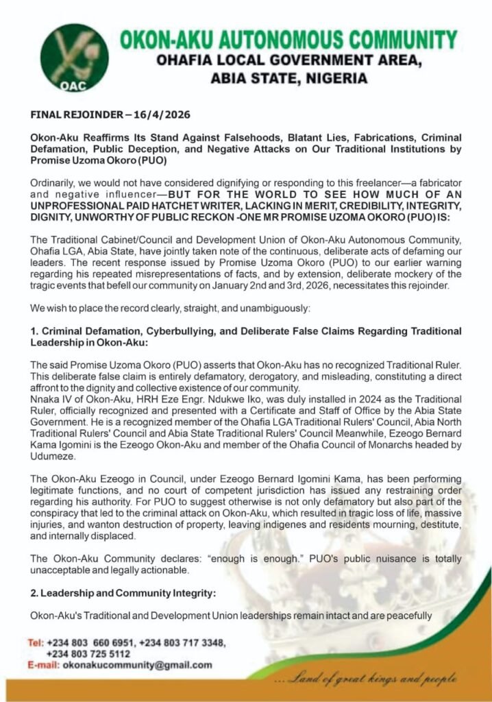 Okon-Aku Final Warning to Promise Uzoma Okoro (PUO) Over Defamation Claims