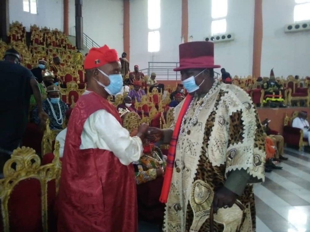 HRM Eze Dr. Emmanuel C. Okeke exchanging pleasantries with another traditional ruler in Imo state