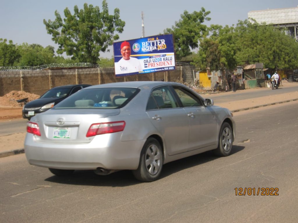 Posters of the Senate Chief Whip of, Sen. Orji Uzor Kalu flooded long Katsina Rolling Mills road off first round about