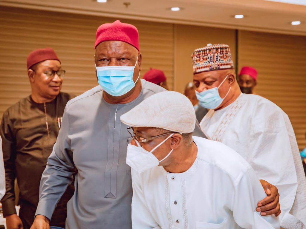 From (L): Senator Anyim Pius Anyim, former Secretary to the Federal Government (SFG) of Nigeria dressed in an ash coloured outfit, flanked by PDP Executives.