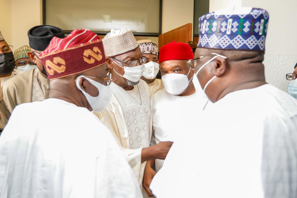 Senator Orji Uzor Kalu, the Chief Whip of the Senate, flanker by the Senate President, Ahmed Lawan (1s-R), Bola Tinubu, the former Governor of Lagos State and other APC Chieftains.