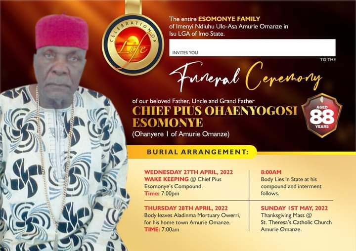 Chief Pius Ohaenyogosi Esomonye: Your Death Created Irreplaceable Vacuum-D-MARC CEO Mourns Father *As Funeral Holds April 28