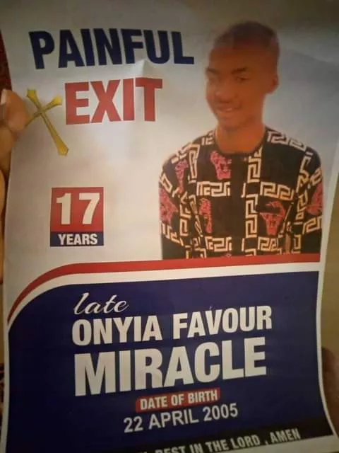 Late Onyia Favour Miracle, son of the Redeemed Christian Church of God, murdered in cold blood by terrorists.