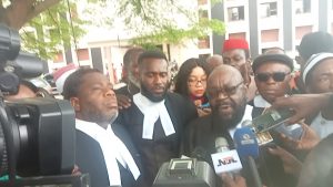 From (2L): Aloy Ejimakor Special Counsel to Mazi Nnamdi Kanu; Comrd. Igboayaka O. Igboayaka, National President of Ohanaeze Youth Council, OYC, flanked by a team of Lawyers and supporters of MAzi Nnamdi Kanu, during a press conference.