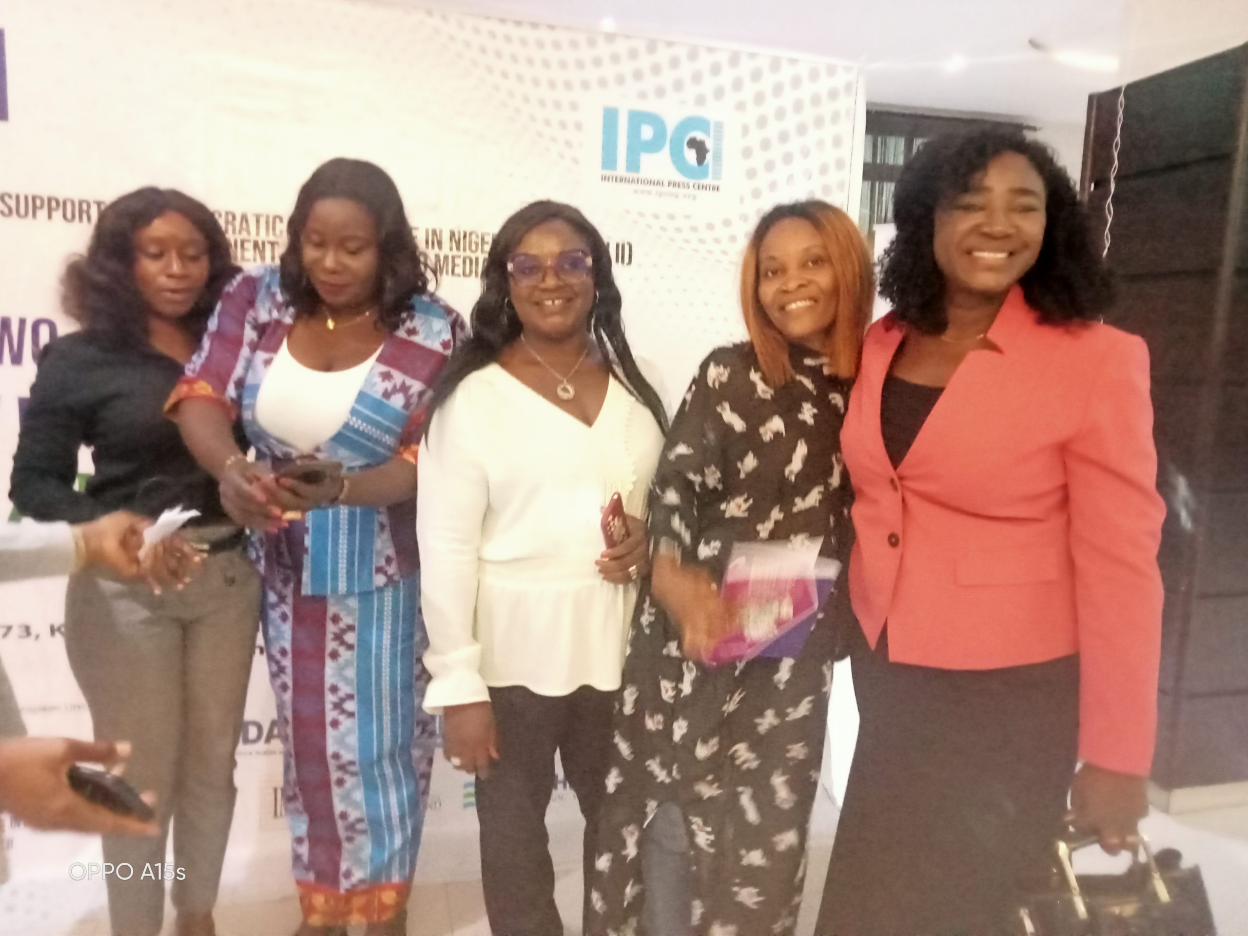 Mrs. Ladi Bala, National President of Nigeria Association of Women Journalists (2L) flanked by participants at a two-day Skill Enhancing and Capacity Building/Mentoring Session for Female Journalists, at Port Harcourt, State.
