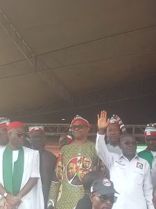 Mr. Peter Obi (2L); Yusuf Datti Baba-Ahmed, Dr. Alex Otti (M), flanked by party dignitaries.