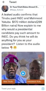 Leaked voice record of Bola Tinubu's transaction with the INEC Boss, Mahmood Yakubu during 2023 presidential election.