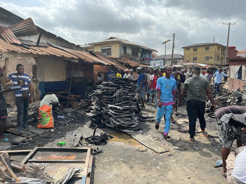 Current state of Olowu Spareparts Market in Ikeja general area, Lagos State, after fire outbreak, on March 23, 2023.