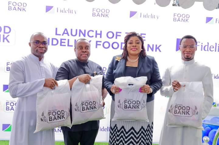 L-R: Parish Priest, Our Lady of Perpetual Help Catholic Church, Victoria Island, Lagos, Rev. Father Julius Olaitan; Executive Director/Chief Operations and Information Officer, Fidelity Bank Plc, Mr. Stanley Amuchie; MD/CEO, Fidelity Bank Plc, Mrs. Nneka Onyeali-Ikpe; and Assistant Parish Priest, Our Lady of Perpetual Help Catholic Church, Victoria Island, Lagos, Rev. Father Oscar Obi John at the launch of the Fidelity Food Bank in Lagos on Friday, 21 April 2023.