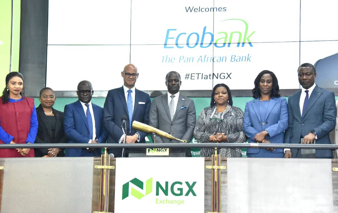 (L-R) Bunmi Bajomo, Head, Group Corporate Bank, Ecobank Transnational Incorporated (ETI); Cecilia Akintomide, Chief Executive Advisor to the GCEO, ETI; Bolaji Lawal, Managing Director, Ecobank Nigeria; Jeremy Awori, Group Chief Executive Officer, ETI; Temi Popoola, CEO, Nigerian Exchange Limited (NGX); Bola Adesola, Chairman, Ecobank Nigeria; Caro Oyedeji, Deputy Managing Director, Ecobank Nigeria, and Ayo Adepoju, Group Chief Financial Officer, ETI, During the closing gong ceremony of ETI at the Exchange in Lagos on Tuesday