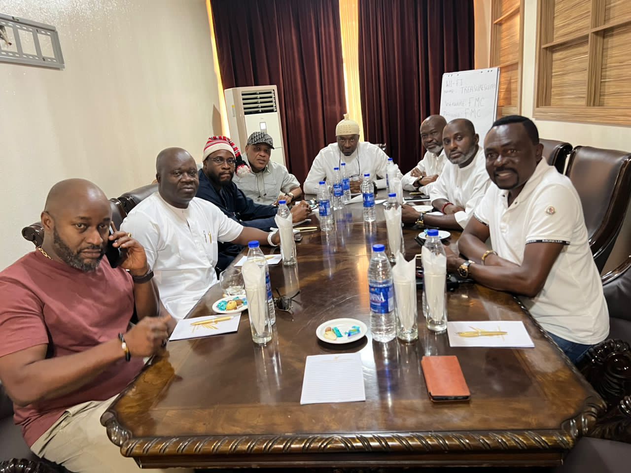 From (L): High Chief Obi Aguocha; Rt. Hon. Benjamin Kalu; Hon. Ginger Onwusibe, Chief Amobi Ogah and other members of Abia State House of Representatives Caucus.