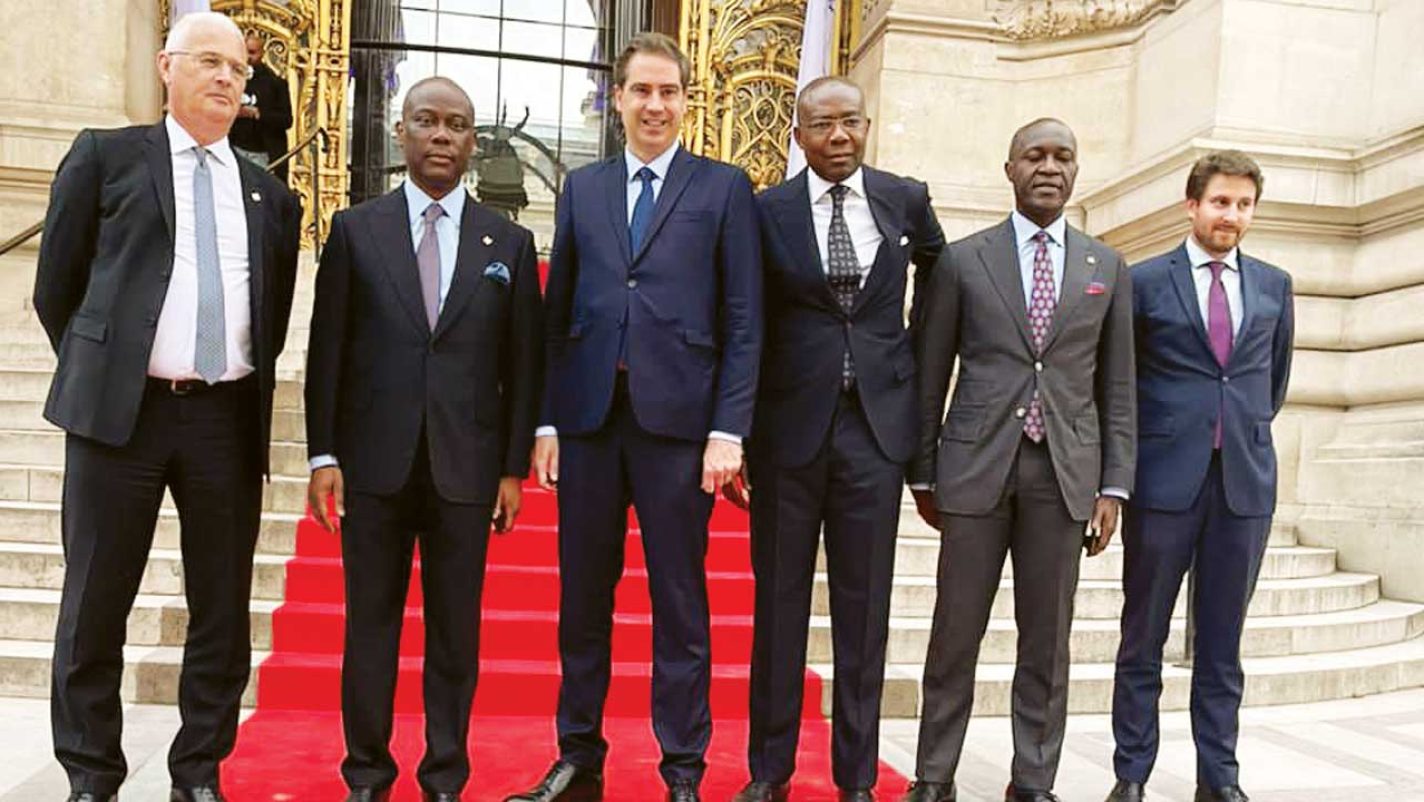 L-R: Jamie Simmonds, CEO, Access Bank UK Limited; Dr. Herbert Wigwe; GMD/CEO, Access Holdings Plc; Olivier Becht, France Minister of Foreign Trade; Aigboje Aig-Imoukuede, Chairman, Coronation Capital; Roosevelt Ogbonna, MD/CEO, Access Bank Plc and Pascal Furth, Head of Regional economic Department, French Embassy, Nigeria, during the launch of Access bank branch in Paris, France… on Thursday