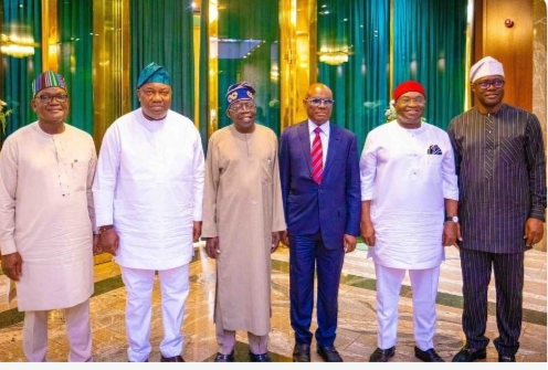 President Bola Ahmed Tinubu (3R), flanked by G-5 Governors of the People's Democratic Party, (PDP).