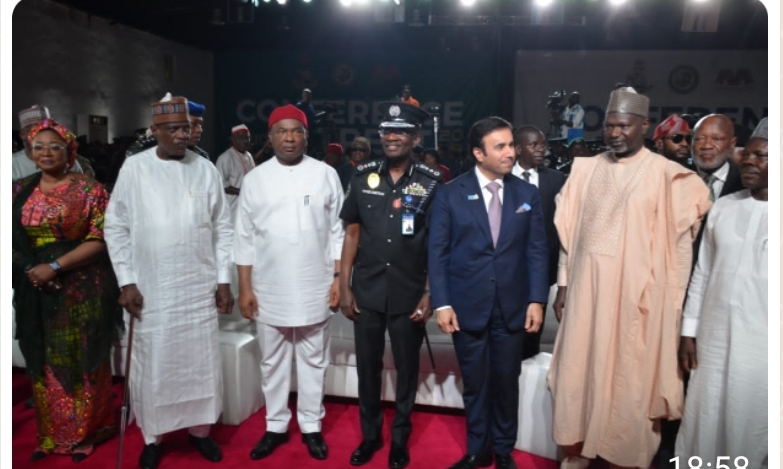 L-R: Minister of Police Affairs, SenatorIbrahim Gaidamin; Executive Governor of Imo State, Senator Hope Uzodima; the Ag. Inspector General of Police, IGP Kayode Egbetokun; President of INTERPO, Major General Ahmed Naser Al-Raisi and Chairman Senate Committee on Police Affairs, Senator, Abdulhamid Madori during the opening ceremony of the conference andretreat for senior police officers with a theme Fostering Economic Prosperity, Social Integration and Political Development through enhanced Internal Security Mechanism held at the Landmark Event Centre, Owerri in Imo State.