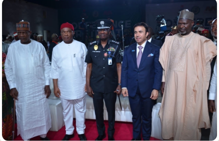 L-R: Minister of State for Police Affairs, HajiaImaan Sulaiamn-Ibrahim; Minister of Police Affairs, Senator Ibrahim Gaidamin; Executive Governor of Imo State, Senator Hope Uzodima; the Ag.Inspector General of Police, IGP Kayode Egbetokun; President of INTERPO, Major General Ahmed Naser Al-Raisi and Chairman Senate Committee on Police Affairs, Senator, Abdulhamid Madori during the opening ceremony of the conference and retreat for senior police officers with a theme Fostering Economic Prosperity, Social Integration and Political Development through enhanced Internal Security Mechanism held at the Landmark Event Centre, Owerri in Imo State.