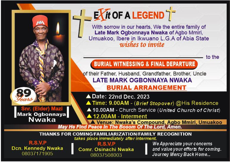 Late Senior Elder Mark Nwaka (aka. Nna Oha II).