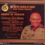 An award of honour as 'Omepuru Oha', presented to the Mayor of Ikwuano Local Government Area of Abia State, Mayor Osinachi Nwaka, by the United Church of Christ (UCC), Ibere Circuit.