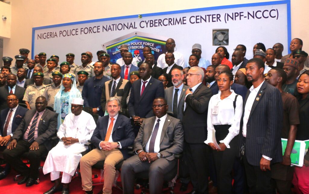 L-R Seated: Director NPF-NCCC, CP Uche Ifeanyin Henry; Representative of IGP, CP Umar Shelleng (CP INTERPOL), Rep/ Minister of Police Affairs, Director Police Service Department, Ibrahim Muhammad Buratai; Head of Politics, Press and Information Section European Union (ECOWAS/Nigeria) Zissimos VERGOS; Representative of ECOWAS, Head of Regional Security Division