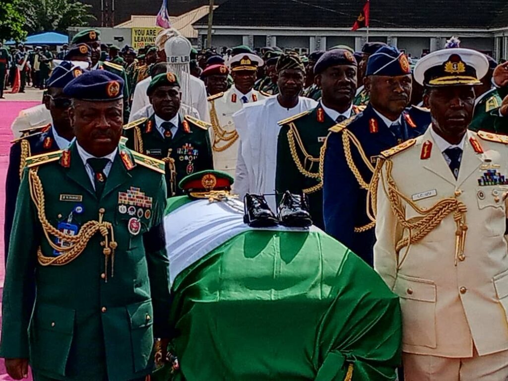 The remains of the late Chief of Army Staff, Lt. Gen. Taoreed Lagbaja lying in state in Federal Capital Territory, Abuja. 
