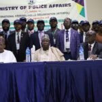 Representative of Inspector General of Police, Deputy Commissioner of Police DCP Patrick Daaor; Representative of Chief of Defence , Major General Olatokunbo Bello; Minister of Police Affairs, Senator Ibrahim Gaidam; Chairman, Police Service Commission, DIG Hashimu Argungu(Rtd); Permanent Secretary, Dr. Anuma Ogbonnaya Nlia; Director, Planning Research and Statistics, Nigeria Police Trust Fund (NPTF), Davis Dachi; and Director General, Nigeria Institute of Police Studies, Professor Olu Ogunshaki at the workshop on the International Criminal Police Organization (INTERPOL) with the theme “Strengthening Internal Security: A Path to a Safer Nigeria.” organized by the Ministry of Police Affairs in conjunction with the Nigeria Police Force and National Central Bureau (NCB), Abuja held at the Rockview Hotel in Abuja.