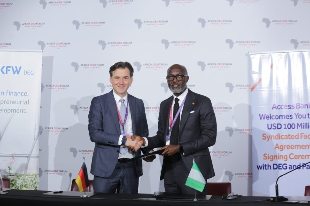 L-R: Roland Siller, Chief Executive Officer, DEG, and Roosevelt Ogbonna, Managing Director/Chief Executive Officer, Access Bank, at the signing of a USD 100 million senior loan facility to support Nigerian MSMEs, small corporates, and women-led businesses, held on the sidelines of the Africa CEO Forum in Abidjan, Côte d'Ivoire.