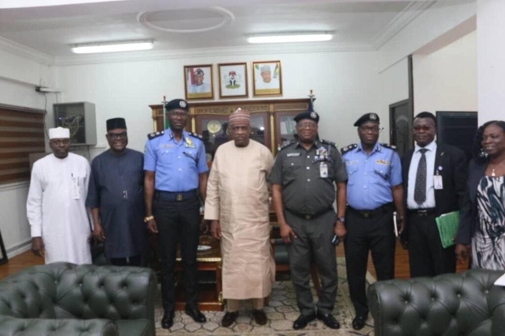 L-R: Director of Police Services Dept, Mr. Mohammed Ibrahim, Permanent Secretary, ANUMA Ogbomnaya Nlia, Commissioner of Police CP Eloho Edwin O, Minister of Police Affairs, Senator Ibrahim Gaidam Assistant Inspector General of Police, AIG Nemi Edwin, DCP Abdulazeez Aliyu, ACP Patrick Johnson and Director of Police Inspectorate, Mrs Bola Aderele.