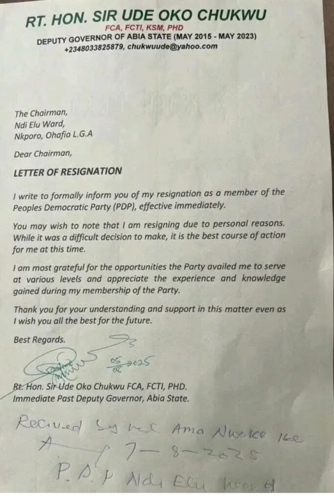 Resignation letter of former deputy Governor of Abia State, Sir Ude Oko Chukwu, which he directed to the People's Democratic Party (PDP).
