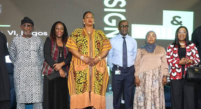 L-R: Creative Director at Patrick Waheed Ltd. Patrick Koshoni; Creative Director, NANA Collective, Adeyemo Shokunbi; CEO, National Theatre, Nigeria and Founder of Soto Gallery, Tola Akerele; representative of Lagos State Governor/CEO, Lagos State Film and Video Censors Board, Bukola  Agbaminoja; Managing Director/Regional Executive, Ecobank Nigeria, Bolaji Lawal; Founder/CEO, Lash  Interior Design, Aishat Lawal; President, Nigerian Institute of Architects, Arc. Mobolaji Adeniyi and MD, Jaza Energy, Adeboye Fowora  at the Ecobank Design and Build Exhibition held in Lagos  