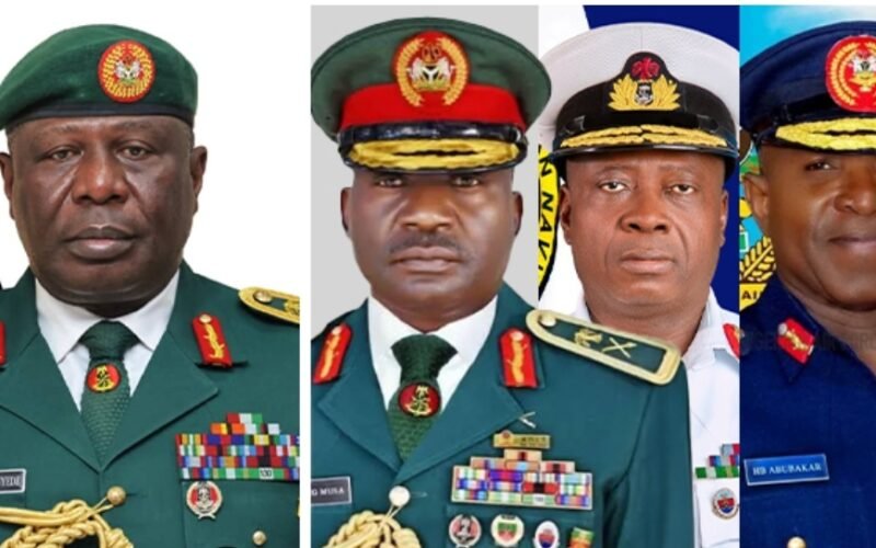 A combo image showing the new Chief of Defence Staff, General Olufemi Oluyede (left), and the outgoing service chiefs — General Christopher Musa, Vice Admiral Emmanuel Ogalla, and Air Marshal Hasan Bala Abubakar.