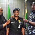 Lagos State Commissioner of Police, CP Olohundare Moshood Jimoh decorated a newly promoted officer.