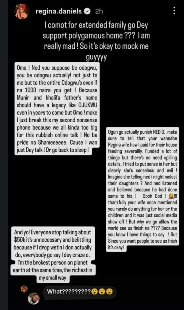 A screenshot of Regina Daniels post, accusing her estranged billionaire husband, Senator Ned Nwoko of molesting his daughter's. 
