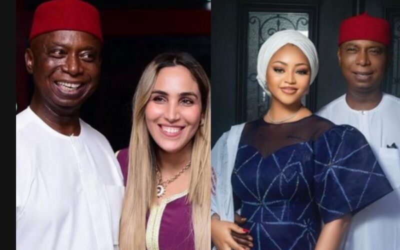 From (1L): Senator Ned Nwoko and his wives, Laila Charani and Nollywood Actress, Regina Daniels.