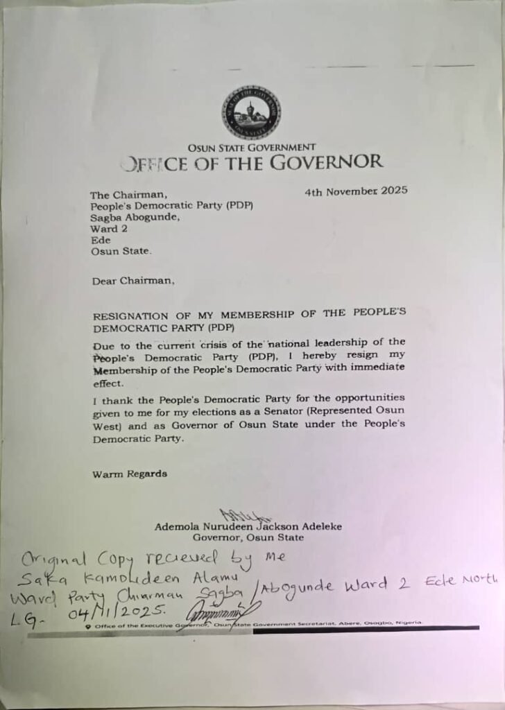 Governor Ademola Adeleke's resignation letter from PDP.
