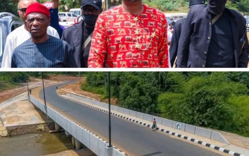 Dr. Chima Desmond Anyaso (M) at the commissioning of the Famous Omenuko Bridge at Abam Arochukwu.