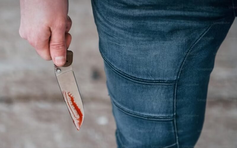 A representational image of a lady with a blood stained knife.