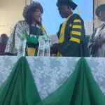 Prof. (Mrs.) Ursula Ngozi Akanwa, the 7th Vice Chancellor of Michael Okpara University of Agriculture, Umudike, Dr. Mrs. Ursula Akanwa, in a warm handshake with Prof. Engr. Udochukwu Nelson Onwuka, at the Institution's 69th Inaugural Lecture, on March 11, 2026.