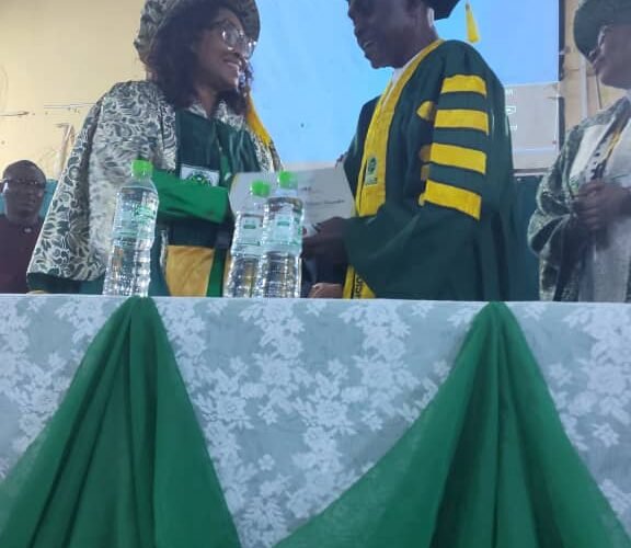 The 7th Vice Chancellor of Michael Okpara University of Agriculture, Umudike, Dr. Mrs. Ursula Akanwa, in a warm handshake with Prof. Engr. Udochukwu Nelson Onwuka, at the Institution's 69th Inaugural Lecture, on March 11, 2026.