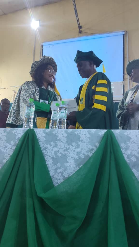 The 7th Vice Chancellor of Michael Okpara University of Agriculture, Umudike, Dr. Mrs. Ursula Akanwa, in a warm handshake with Prof. Engr. Udochukwu Nelson Onwuka, at the Institution's 69th Inaugural Lecture, on March 11, 2026.