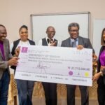 L-R; Sola Gabriel,Head, Strategic Planning, Polaris Bank; Omowunmi Odunlade, Ag. Divisional Head, Ibadan; Professor A. O. Folawewo, Dean, Faculty of Economics & Management Sciences; Professor Akin Lewis( Dean Students Affairs),Representative of the Vice Chancellor and Njideka Nwabueze, Head, Retail Banking, Polaris Bank during the official presentation of the cheque by Polaris Bank to the University of Ibadan recently.