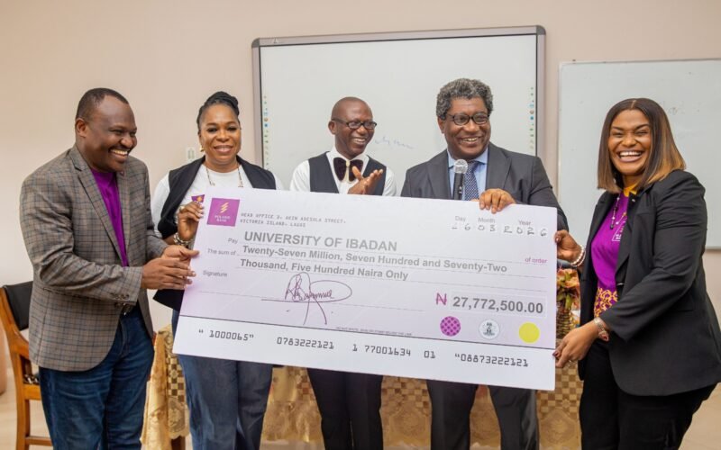 L-R; Sola Gabriel,Head, Strategic Planning, Polaris Bank; Omowunmi Odunlade, Ag. Divisional Head, Ibadan; Professor A. O. Folawewo, Dean, Faculty of Economics & Management Sciences; Professor Akin Lewis( Dean Students Affairs),Representative of the Vice Chancellor and Njideka Nwabueze, Head, Retail Banking, Polaris Bank during the official presentation of the cheque by Polaris Bank to the University of Ibadan recently.