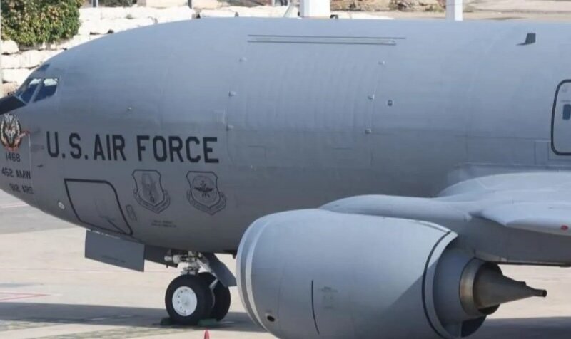A US Air Force Boeing KC-135 Stratotanker aerial refuelling tanker aircraft is seen in Ben Gurion international airport near Tel Aviv, Israel, in February.