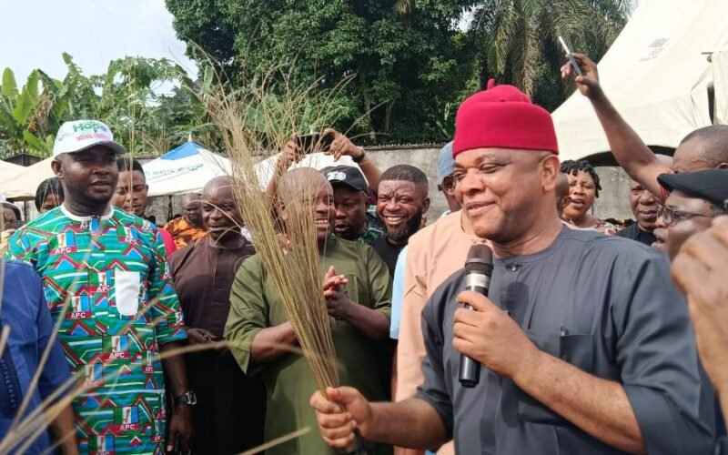 Hon. Chijioke Chukwu, the State chairman of the All Progressives Congress (APC) party, addressing new members from the Labour Party (LP) in Ukwa West Local Government Area of Abia State.