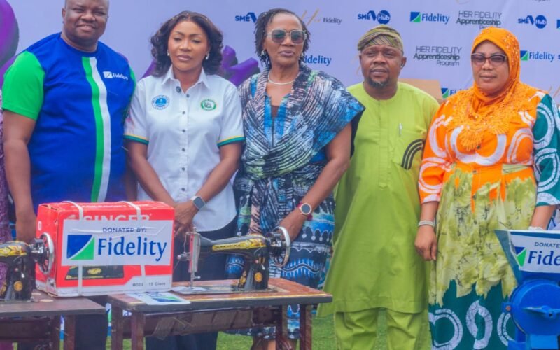 L-R: Regional Bank Head, Southwest 1, Fidelity Bank Plc, Mr. Folaranmi Jemirin; Commissioner for Women Affairs and Social Development, Ogun State, Hon. Adijat Adeleye-Oladapo; Head, Women Banking, Fidelity Bank Plc, Mrs. Harriba Harry-Pepple; Local Government Education Authority (LGEA) Board Chairman, Ogun State, Hon. Oluwaseyi Oyekan; and one of the beneficiaries at Fidelity Bank’s donation of vocational tools to women at the “Give Her Power” Initiative in Abeokuta, Ogun State, recently.