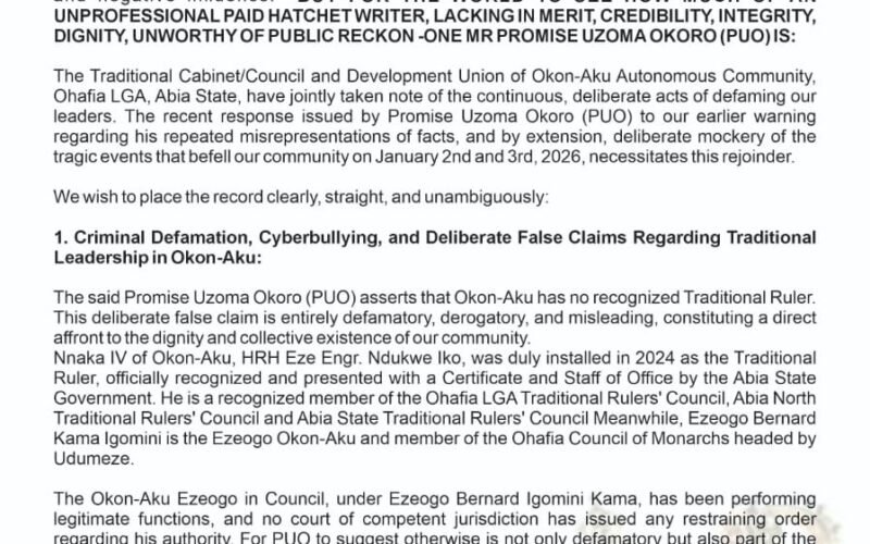 Stop Peddling Falsehoods Now”: Okon-Aku Issues Final Warning to Promise Uzoma Okoro (PUO) Over Defamation Claims