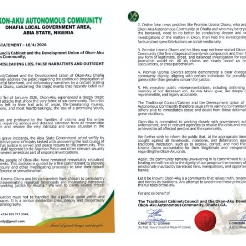 Okon-Aku Community Issues Strong Warning to Promise Uzoma Okoro Over False Narratives, Defamation