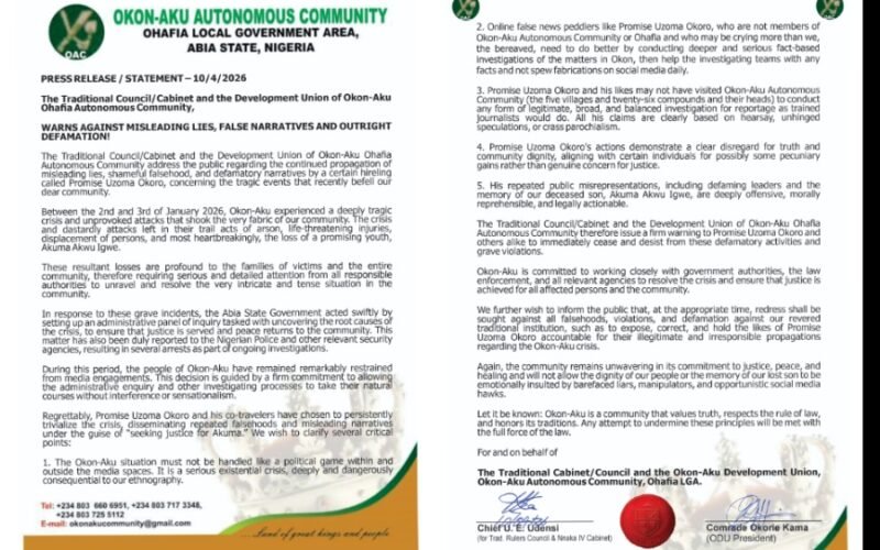 Okon-Aku Community Issues Strong Warning to Promise Uzoma Okoro Over False Narratives, Defamation