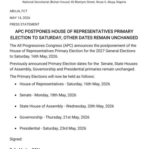APC Postpones Reps Primaries Ahead of 2027 Elections