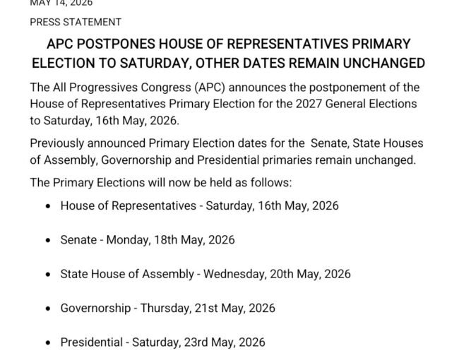 APC Postpones Reps Primaries Ahead of 2027 Elections