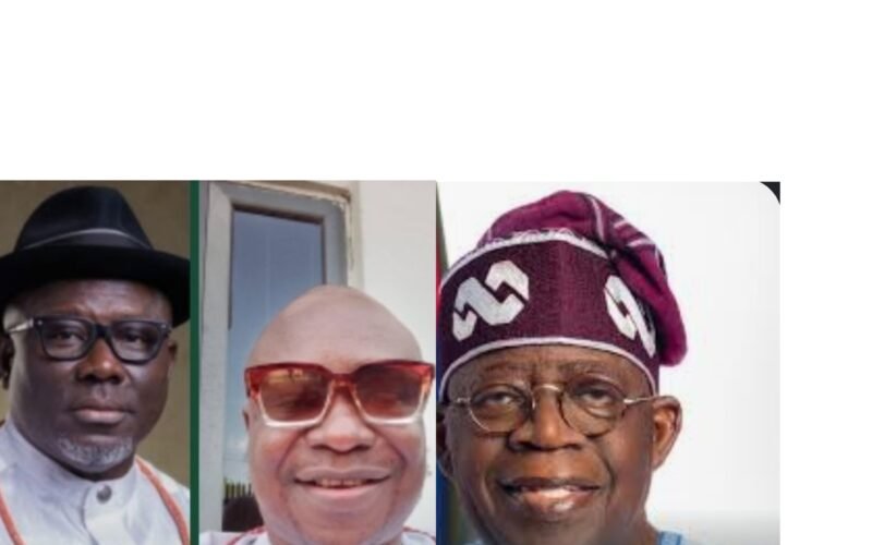 President Bola Ahmed Tinubu (1R); Governor Sheriff Oborevwori of Delta State (1L) and Comrd. Akpovoke Otiti, National President of GOMEP-NG, (m).