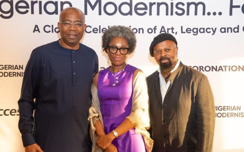 L-R: Aigboje Aig-Imoukhuede, Chairman, Access Holdings Plc and Coronation Group; Ofovwe Aig-Imoukhuede, Co-Founder, Aig-Imoukhuede Foundation; and Ben Okri, Nigerian-born British Artist and Poet, at the celebration of the Nigerian Modernism legacy at Tate Modern in London, United Kingdom…Wednesday